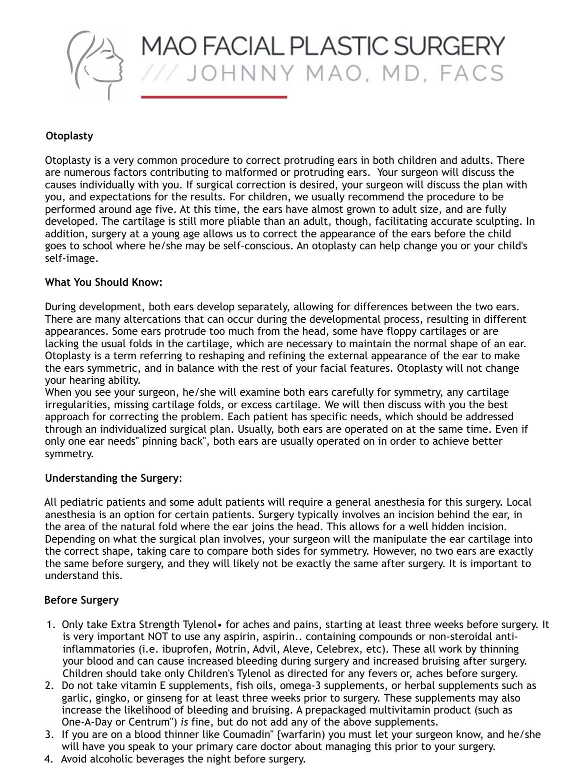 Ear Reshaping (Otoplasty) — original instruction sheet, page 1 of 2. Open the PDF for selectable text and zoom.