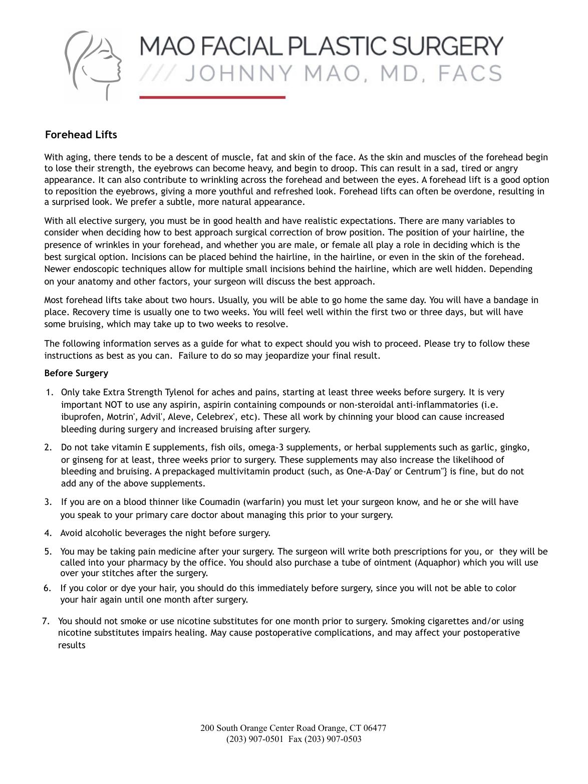 Forehead Lifts — original instruction sheet, page 1 of 2. Open the PDF for selectable text and zoom.