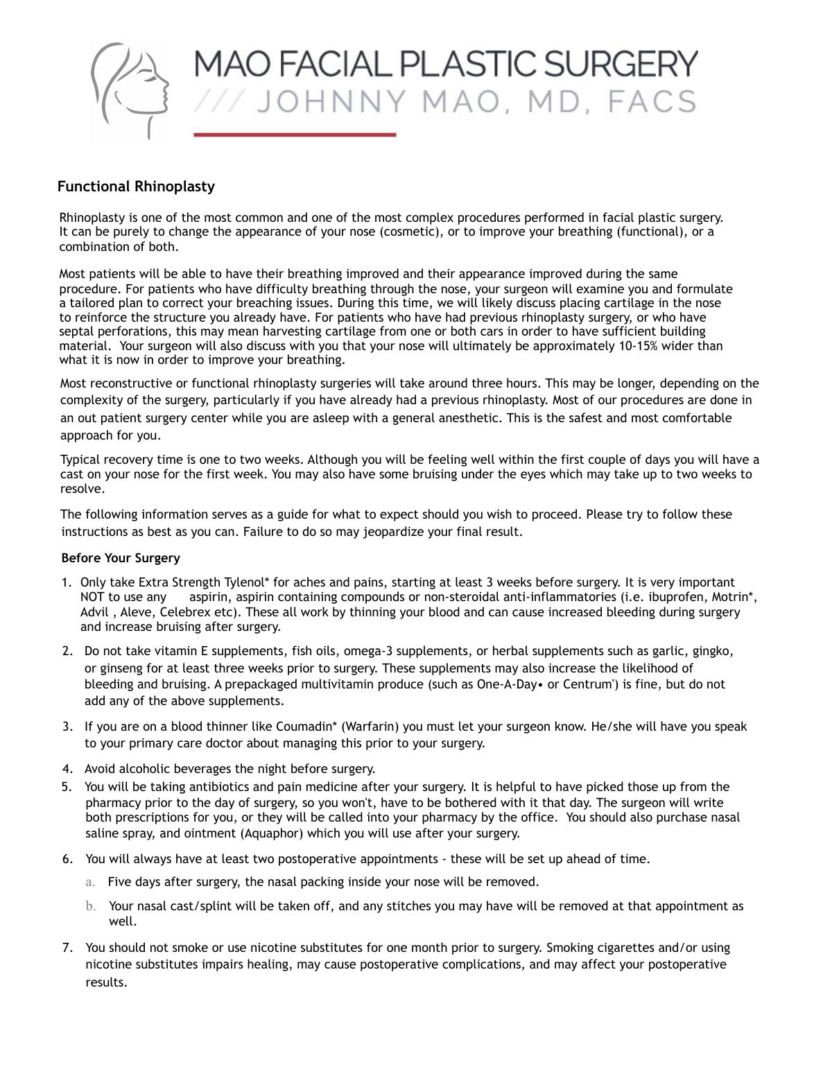 Functional Rhinoplasty — original instruction sheet, page 1 of 3. Open the PDF for selectable text and zoom.