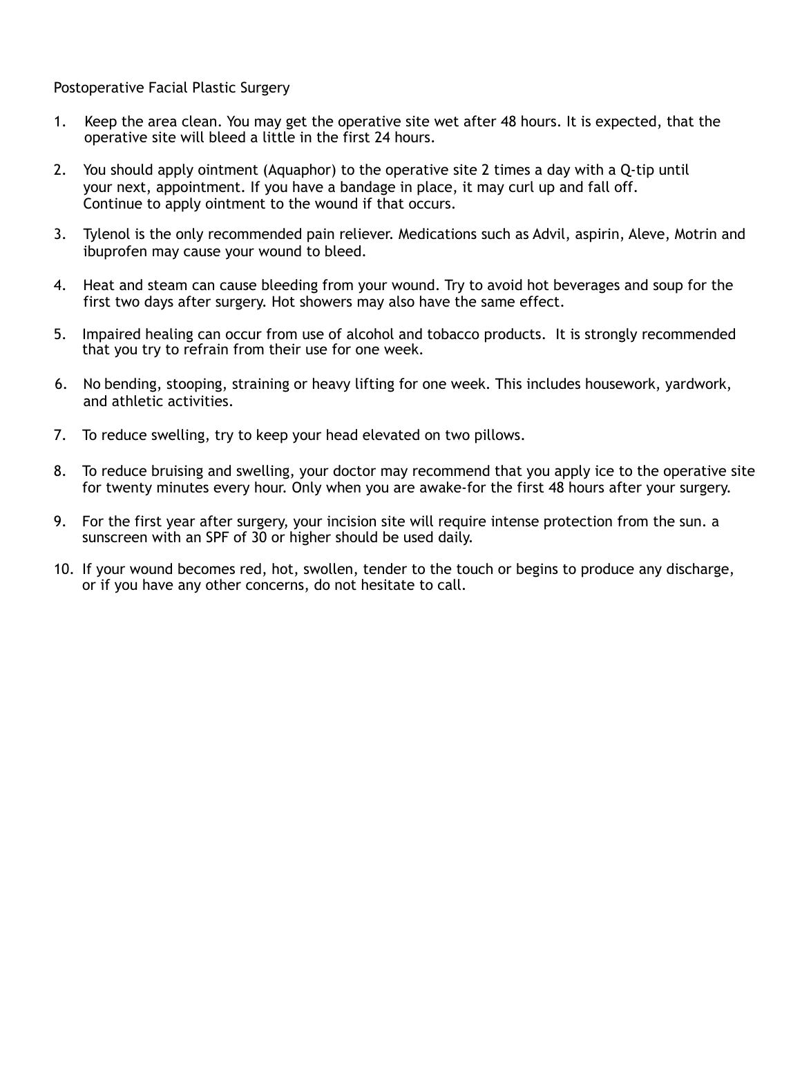 Post-op Instructions for Facial Plastic Surgery — original instruction sheet, page 1 of 1. Open the PDF for selectable text and zoom.