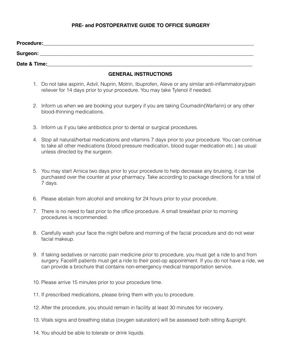 Pre-op Guide to Office Surgery — original instruction sheet, page 1 of 2. Open the PDF for selectable text and zoom.
