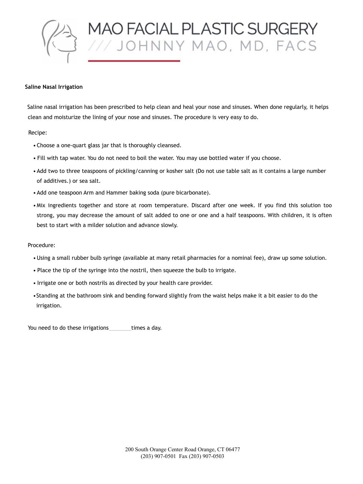Saline Nasal Irrigation — original instruction sheet, page 1 of 1. Open the PDF for selectable text and zoom.