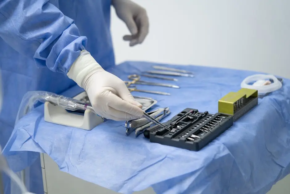 Close-up of a surgeon arranging tools in an operating room, showcasing precision and readiness.