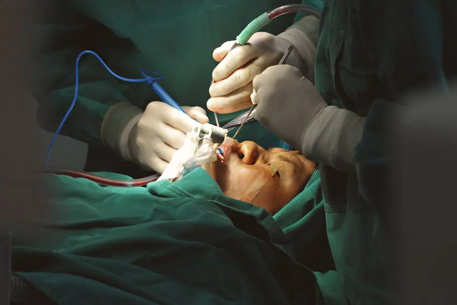 Surgeons in sterile environment performing delicate facial surgery with precision instruments.